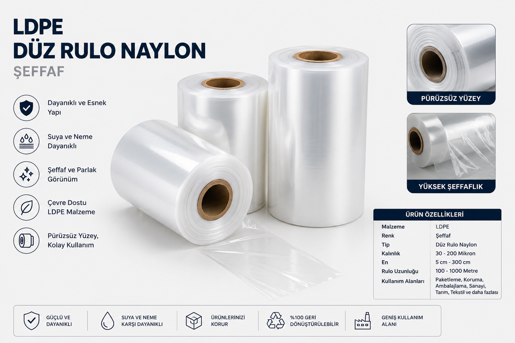 LDPE Düz Rulo Naylon Seffaf 50 Mıcron 500 Metre