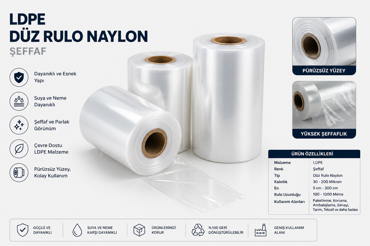 LDPE Düz Rulo Naylon Seffaf 50 Mıcron 500 Metre